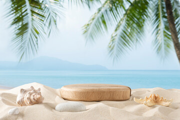 Wall Mural - wood podium on tropical sand beach with blurred blue sea, sky and palm tree leaves background
