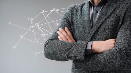 Poster - Employee with Crossed Arms in Business Attire over Network Diagram