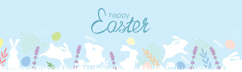 Festive spring header featuring playful rabbits, pastel eggs, and “Happy Easter” typography in teal script