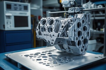 Poster - 3D printing of an engine block in a modern manufacturing workshop environment