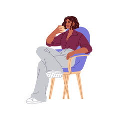 Poster - Businesswoman relaxes in armchair with beverage while break. Business woman has a rest, sits on chair, drinks cup of coffee or tea at lunch time. Flat isolated vector illustration on white background