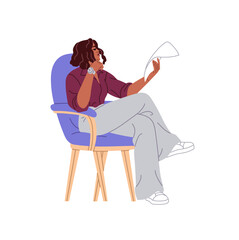 Poster - Businesswoman sits on chair and checks financial report. African American woman in armchair holds business papers, looks at work documents. Flat isolated vector illustration on white background