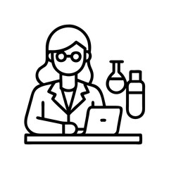 Poster - female scientist working in lab with laptop and glassware research and development concept