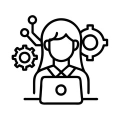 Poster - Woman working on laptop with tech and gear icons for software engineering and development