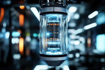 Poster - Advanced technology exhibit showcasing a futuristic energy core in a modern research facility