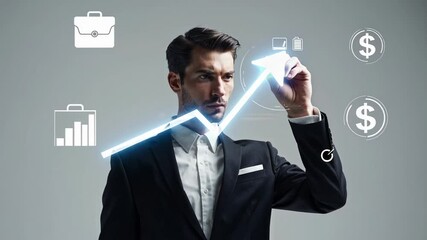 Poster - Businessman in a suit draws an upward trending arrow graph on a virtual screen, symbolizing business growth, financial success, and positive market trends