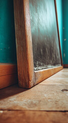Poster - Close-up of a dark green chalkboard with a thick, rustic wooden frame, leaning against a teal wall, showcasing texture and vintage appeal, ideal for education or rustic concepts
