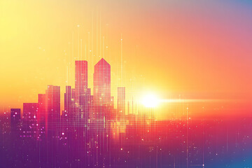 Poster - A digital cityscape at sunrise, showcasing interconnected urban structures.