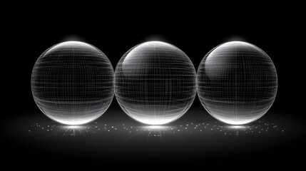 Poster - Three translucent spheres with intricate grid patterns against a dark background.