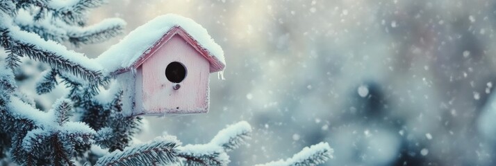 Poster - Little birdhouse nestled in soft snowy pines creates a pastel winter fairytale atmosphere