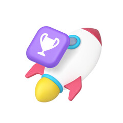 Poster - Startup success business marketing management strategy 3d icon realistic vector illustration. Corporate achievement challenge goal motivation winner solution development spaceship with flame and cup