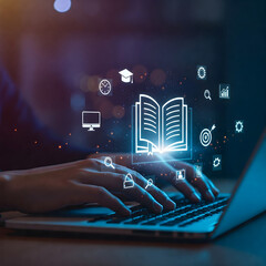 Poster - Digital Education & Literacy: A close-up perspective showcases hands interacting with a laptop, symbolizing digital learning and information access, embellished with luminous icons