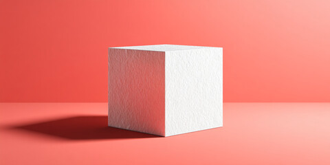 Leinwandbilder - White textured cube on coral background, showcasing product display, ideal for mockup, advertisement, or minimalist design