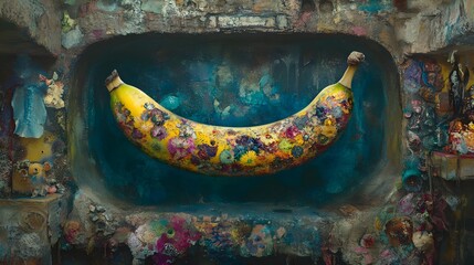 Poster - Surreal glowing banana surrounded by energy waves digital art vibrant colors abstract fantasy