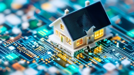 Poster - Surreal floating house surrounded by holographic waves digital landscape futuristic viewpoint