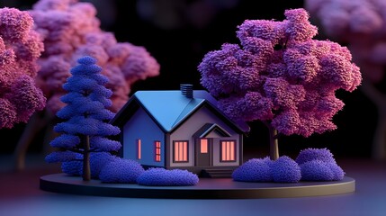 Poster - Surreal glowing house surrounded by dynamic holograms fantasy landscape 3d environment