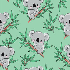 Fototapete - Hand drawn Koala pattern seamless. Print design for textile. Cute childish background.