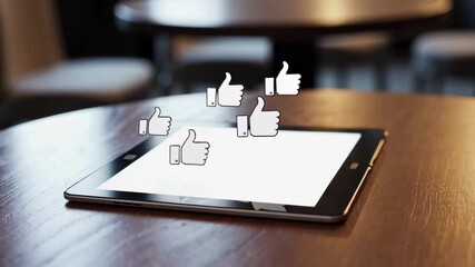 Poster - Multiple thumbs up icons are gradually appearing over a blank tablet computer screen, symbolizing increasing social media approval and positive feedback