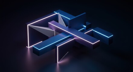 Poster - Abstract Neon Geometric Shapes Intertwined in Dark Space: A 3D Digital Art Rendering