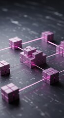Poster - Abstract Network of Interconnected Pink Cubes  Digital Data Network Visualization  Innovative Technology Concept