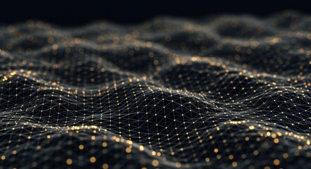Poster - Abstract Golden Network Wave: Digital Landscape of Connected Dots and Lines