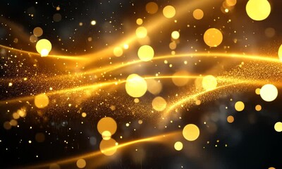 Poster - Golden particles flowing on a dark background, creating a luxurious and dynamic animation