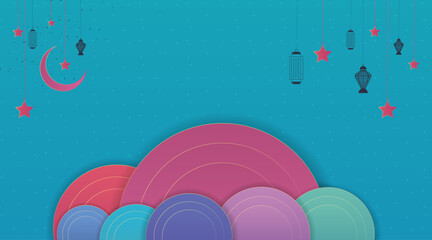 Poster - Abstract 3d background design | Background template for greeting, decoration, banner, flyer, wish, card, eid,cover | Creative vector design with light, star, moon, sky-carmine, violet color