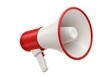 © Vooglo.com - A red and white megaphone with a handle and a red rim isolated on a white background in a studio shot