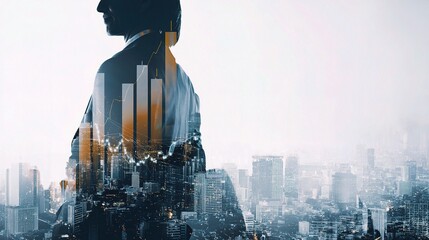 Poster - Double Exposure of Professional Business Person with Skyline