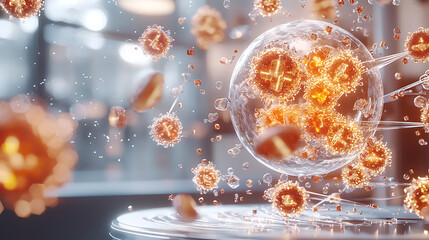 Poster - Viral particle interaction laboratory 3d visualization scientific environment close-up view microbiology concept