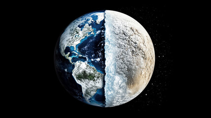 half earth with contrasting icy and terra surface against black space