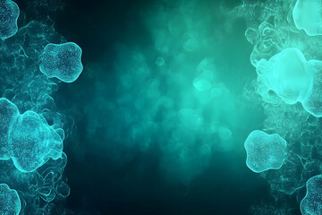 Poster - A digital representation of complex molecular structures in a teal gradient.