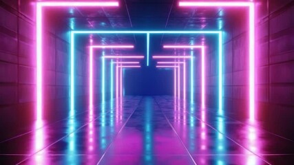 Poster - Futuristic Neon Corridor with Vibrant Pink and Blue Lights Reflecting on Glossy Floor