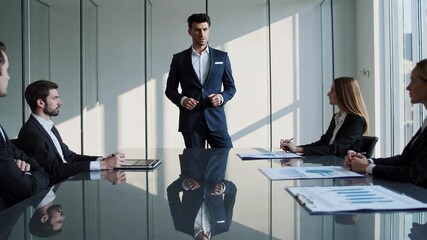 Aufkleber - Professional business team collaborating in modern office, discussing strategic plans, analyzing data, and working toward optimal performance and corporate goals