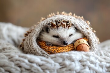 Poster - Little hedgehog peacefully sleeping with acorn pillow and cozy scarf in a warm, inviting setting