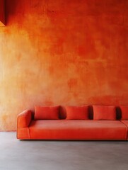 Poster - Vibrant orange sofa against textured wall creating a warm inviting interior space with modern design and minimalist aesthetic