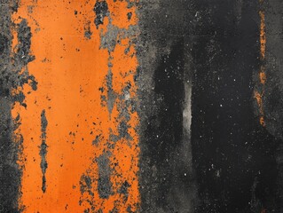 Poster - Abstract texture of weathered concrete wall with peeling orange paint against a dark black background