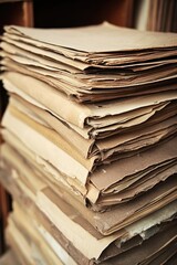 Poster - Stack of aged paper sheets in warm light showcasing vintage documents and archival material for historical research and preservation
