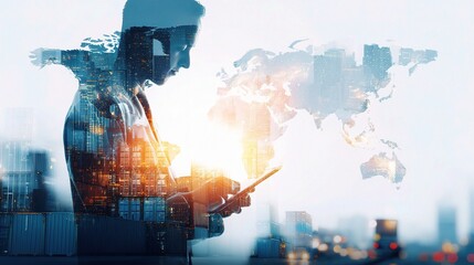 Poster - Double Exposure of Businessman Working with World Map Background