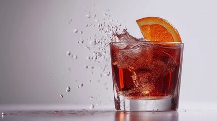 Poster - Refreshing cocktail with orange slice and water splash on light background capturing vibrant color and motion for summer refreshment