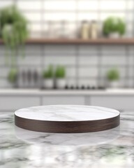 Poster - Elegant marble platform with wooden edge on marble surface against blurred kitchen background showcasing product placement and interior design