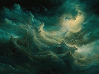 ethereal emerald nebula with golden light abstract art background cosmic dreamscape celestial vista