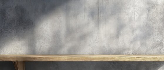 Poster - Rustic wooden shelf against a textured gray wall with soft light creating a peaceful and serene atmosphere perfect for product display and showcasing natural materials