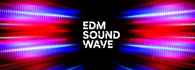Poster - EDM Sound Wave Background With Neon Light Effect In Red, Pink, Blue Colors On Dark Gradient. Abstract Music Vibes, Party Energy, Audio Visual Equalizer Design. Vector Illustration