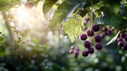 Poster - Lush berries growing in sunlit forest nature photography vibrant green environment close-up view