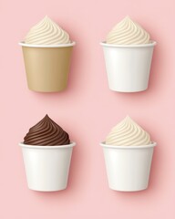 Poster - Assorted Frozen Yogurt Cups on Light Pink Background Delicious Dessert in Paper Containers Refreshing Treat Vanilla and Chocolate Flavors Sweet Indulgence