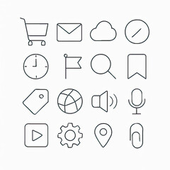 Poster - User Interface Icons: A collection of sleek, modern icons designed to represent various functions, encompassing e-commerce, communication, and information. Perfect for websites, apps.