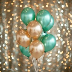Poster - Festive bunch of balloons in teal and gold against a sparkling bokeh background creating a celebratory and elegant atmosphere perfect for special occasions