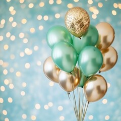 Poster - Elegant Celebration Balloons in Gold and Teal Against a Bokeh Background for Festive Occasions