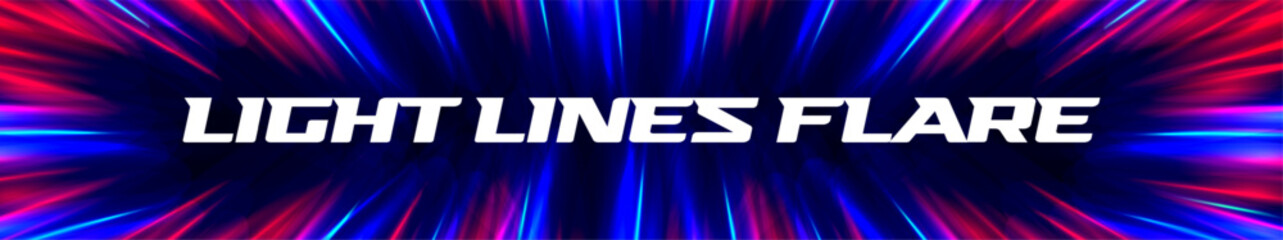 Poster - Neon Light Lines Flare Background With Red, Blue, Pink Glow On Dark Gradient. Futuristic Speed Motion Effect For Music, Party, Technology, Or Abstract Design Projects. Vector Illustration.